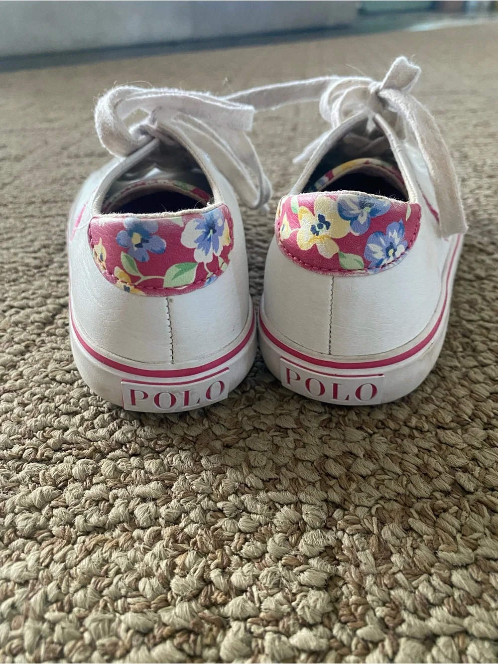 Ralph Lauren White Sneakers with Pink Polo Logo and Pink Trim